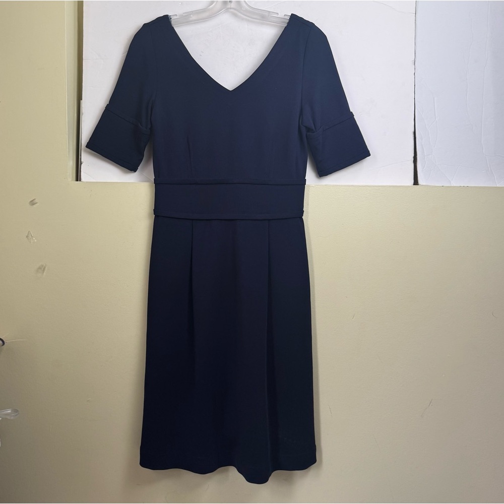 Pink Tartan V Neck Fit Flare Sheath Dress Pockets Stretch Preppy Minimal Navy S - Picture 6 of 16